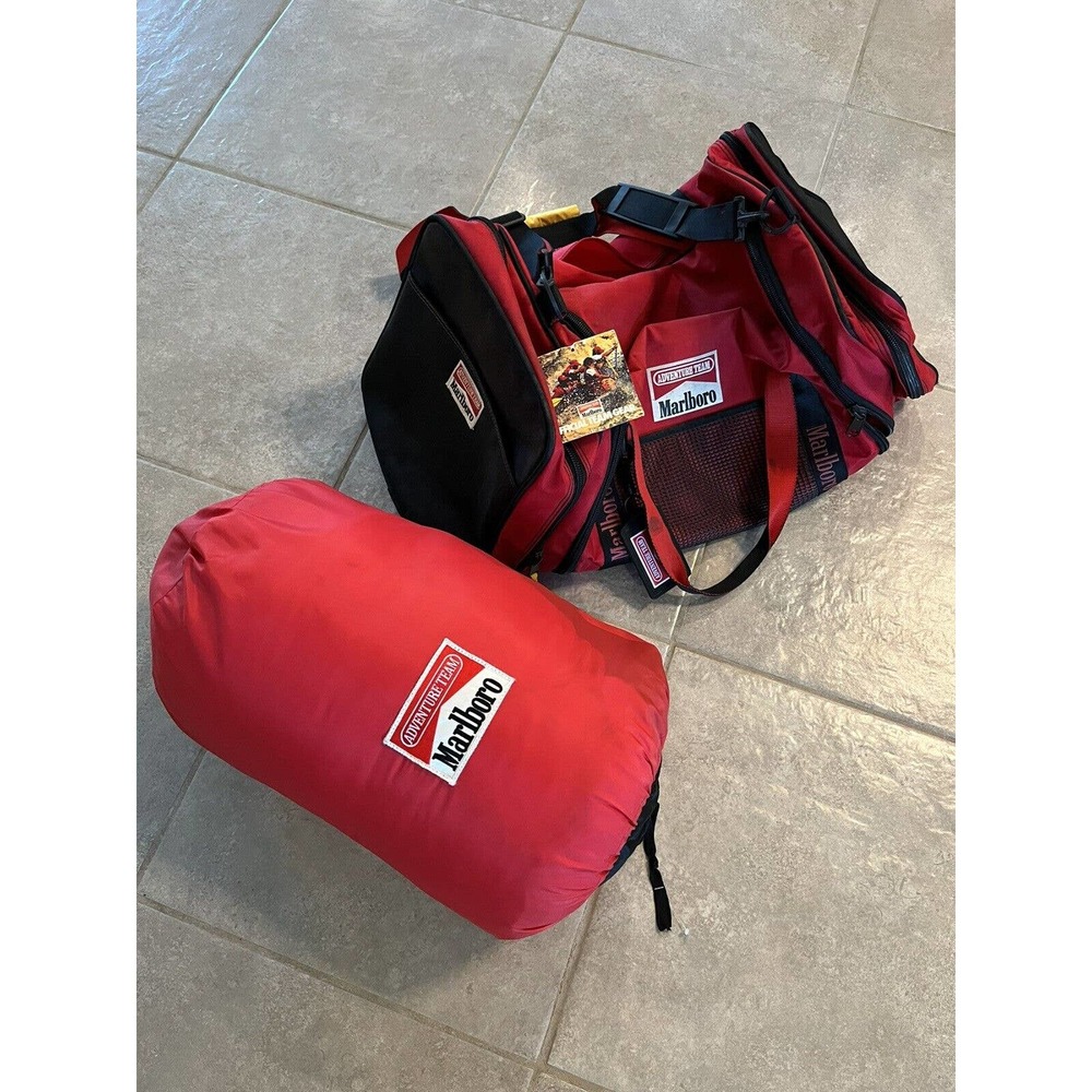 Vintage Marlboro Adventure Team Duffel Bag Tote WITH Marlboro Sleeping bag!